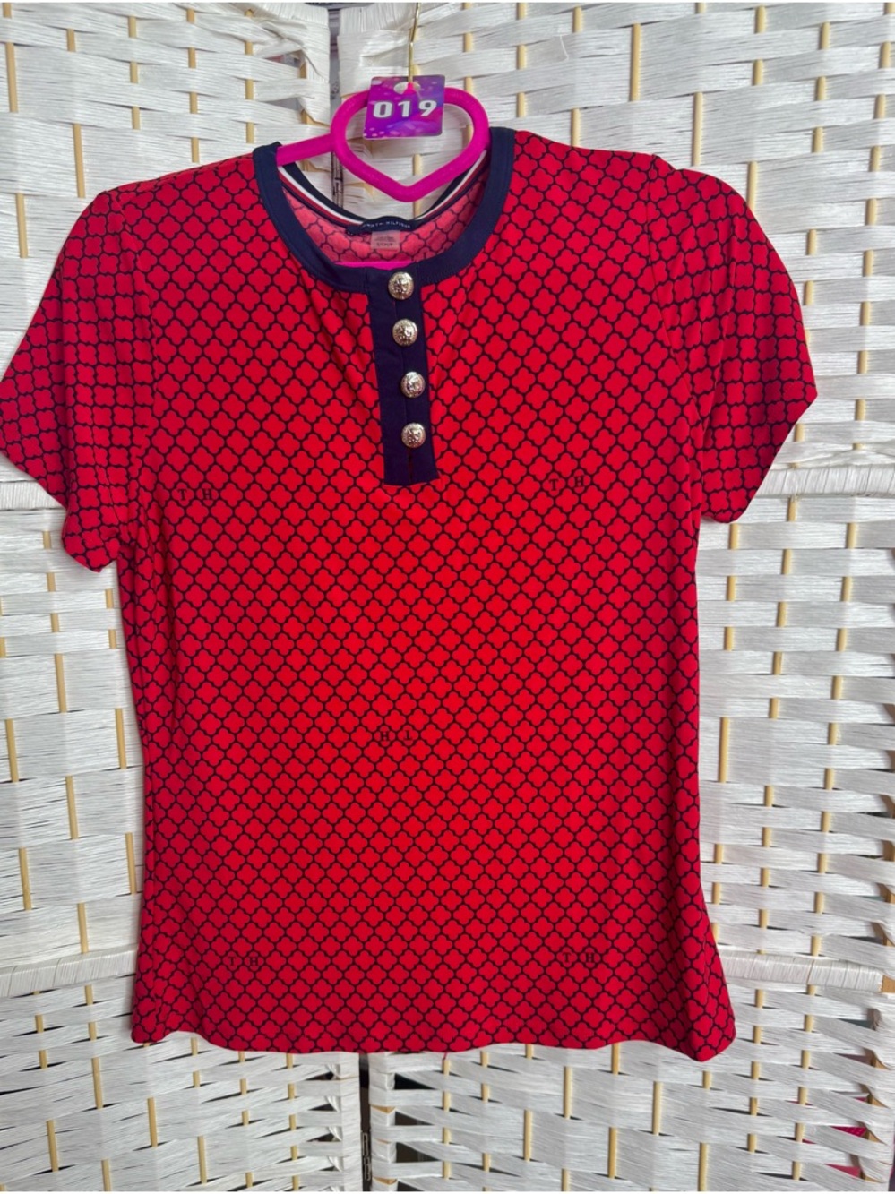 Tommy Hilfiger Red Patterned Short-Sleeve Top with Navy Trim Work Event Party